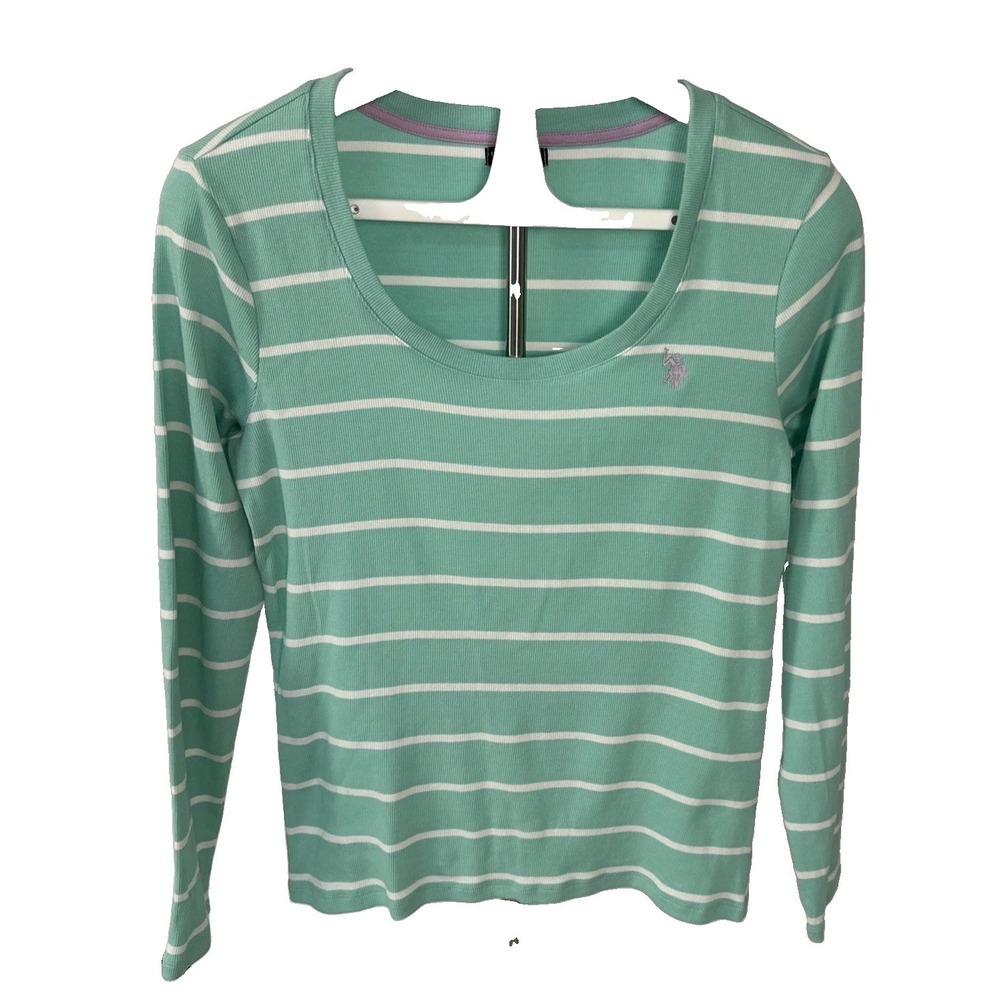 U.S.Polo ASSN Women's Sz Large Long Sleeves Stripped Tee Top Mint Green White